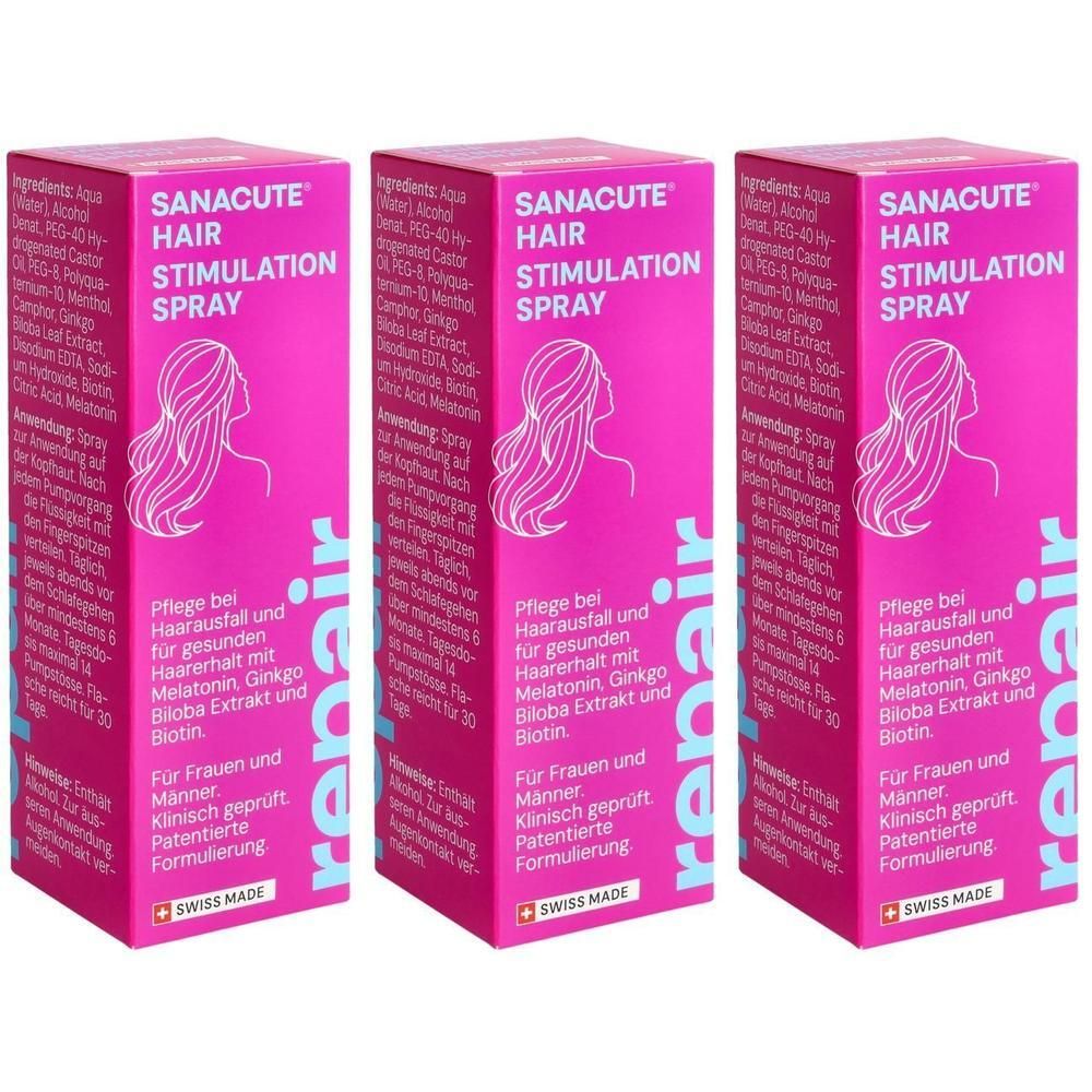 Trois boîtes roses avec l'inscription SANACUTE HAIR STIMULATION SPRAY. Contient une illustration d'une femme aux cheveux longs.
