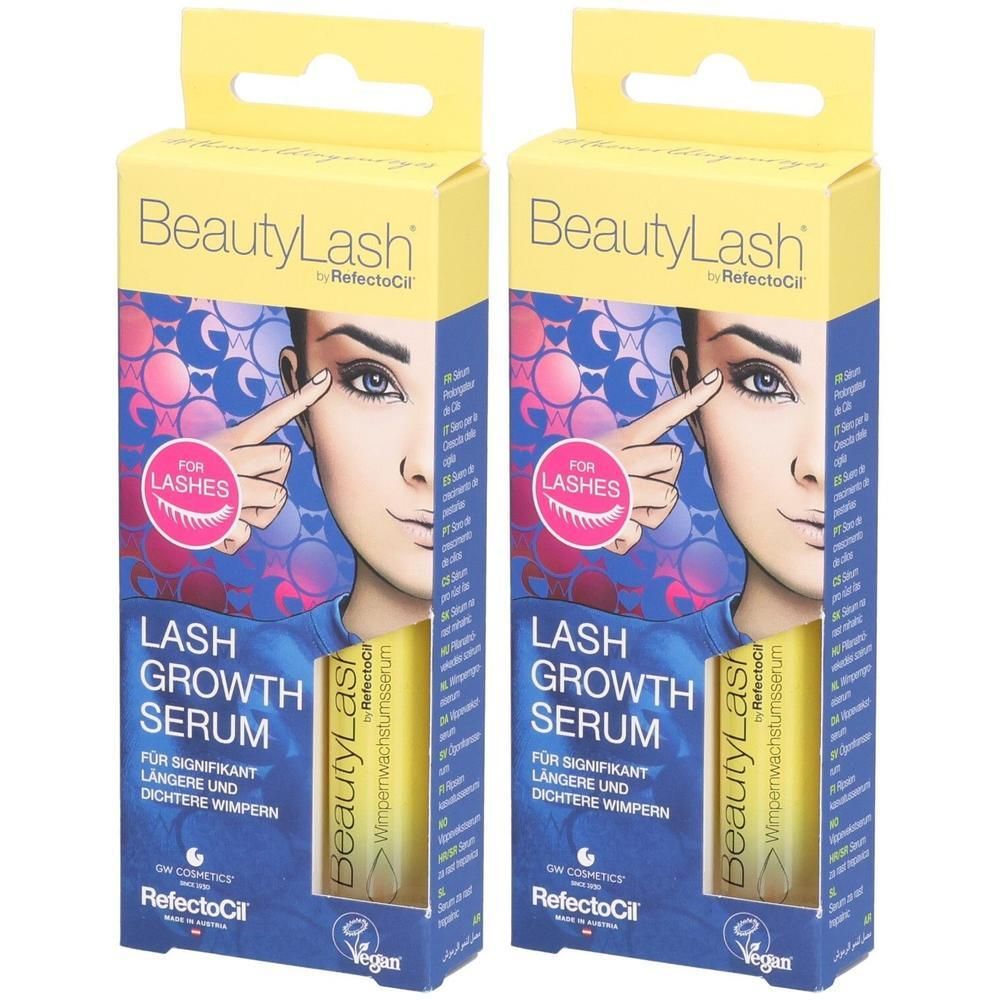 Deux paquets de sérum de croissance pour cils BeautyLash avec l'image d'une femme pointant ses cils.