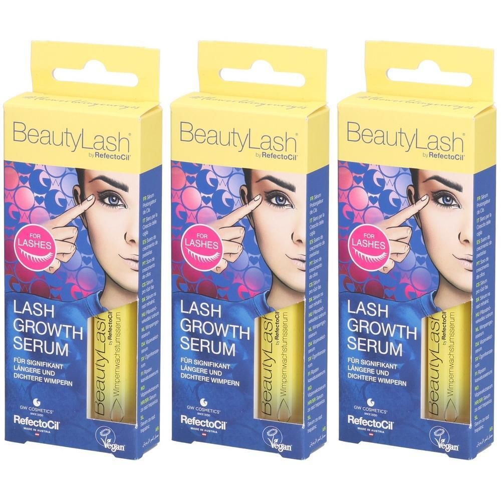 Trois boîtes de sérum de croissance pour cils BeautyLash avec illustration de femme et texte.