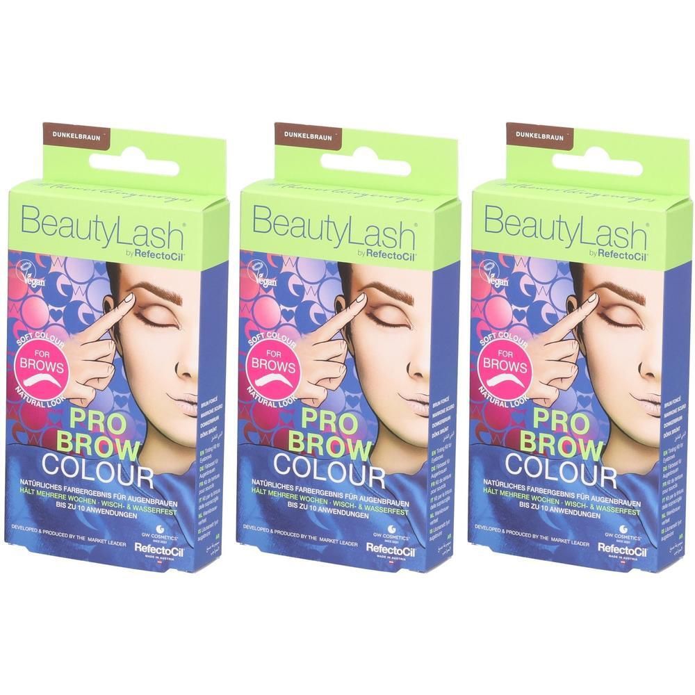 Drei Packungen BeautyLash Pro Brow Color Augenbrauenfarbe Schwarzbraun. Zeigt eine Frau, die ihre Augenbraue berührt.