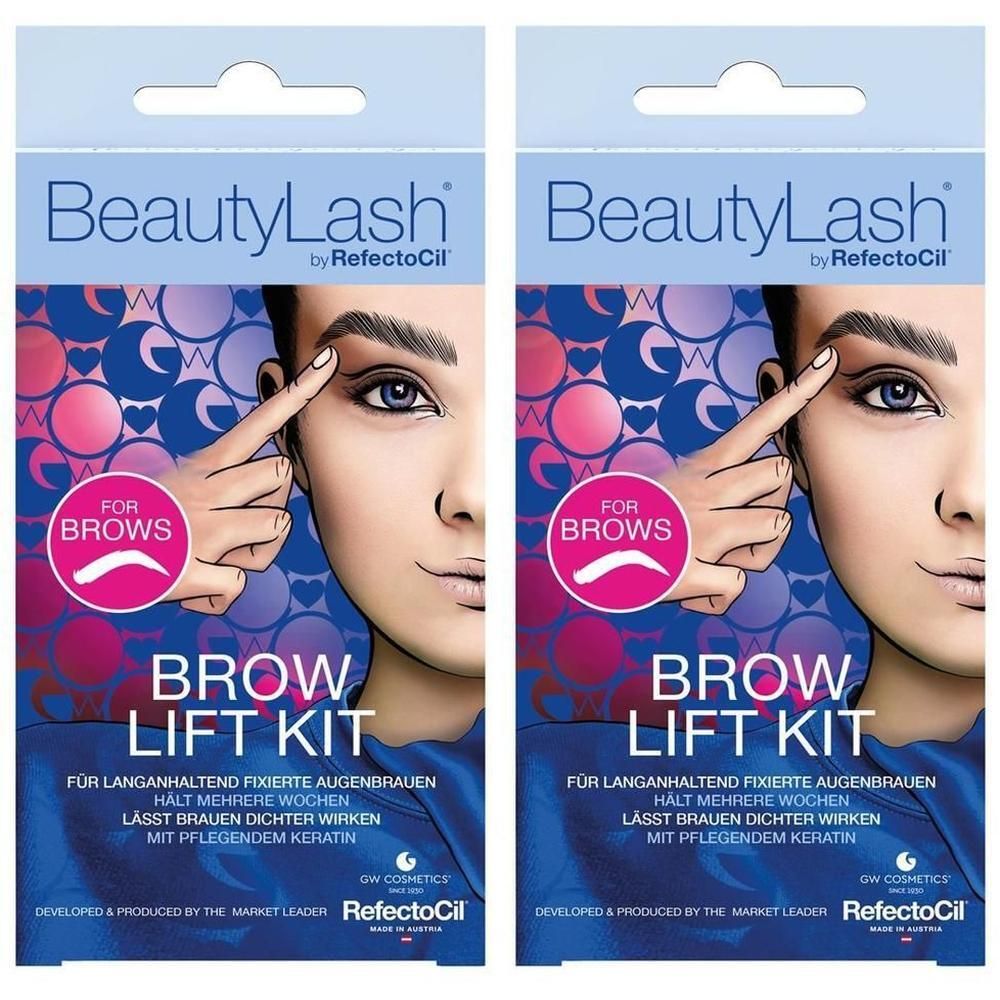 Zwei Packungen des Refectocil BeautyLash Brow Lift Kits mit Abbildungen von Augen und einer Hand, die eine Augenbraue formt.