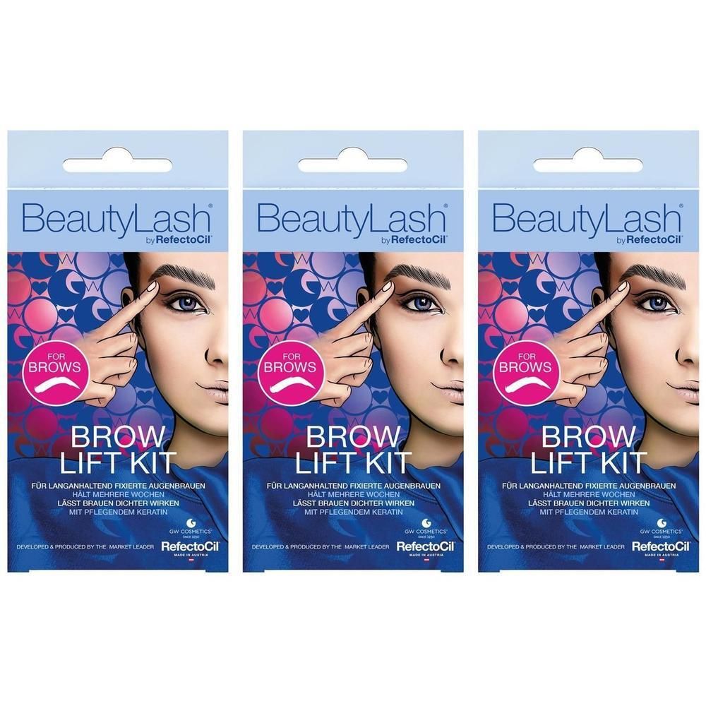 Drei BeautyLash Brow Lift Kits von RefectoCil im Einzelhandelspaket, die eine Frau beim Anheben ihrer Augenbrauen zeigen.