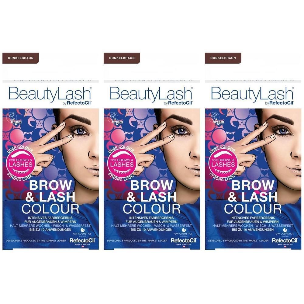 Trois paquets de teinture pour sourcils et cils BeautyLash Brun Foncé.