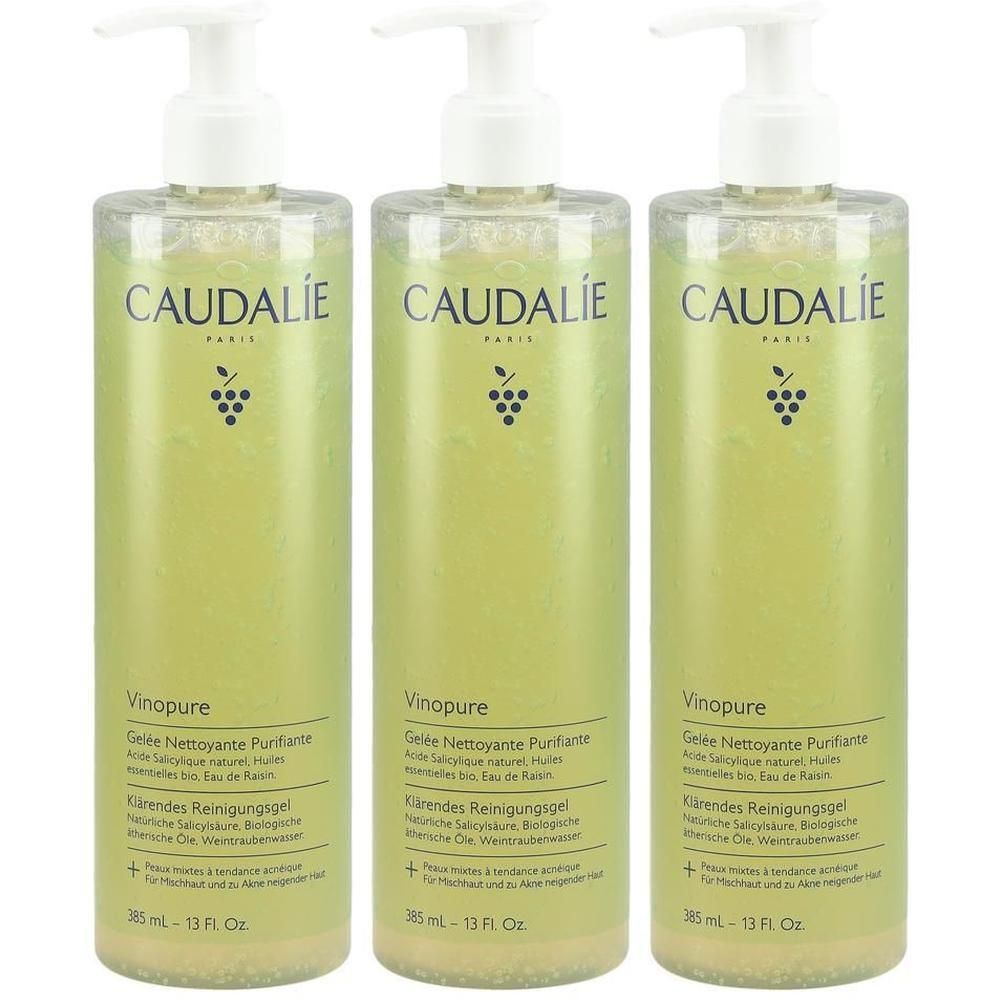 Trois flacons avec bouchon pompe blanc. Inscription CAUDALIE, dessous raisin. Inscription Vinopure, gel nettoyant. 385 ml.