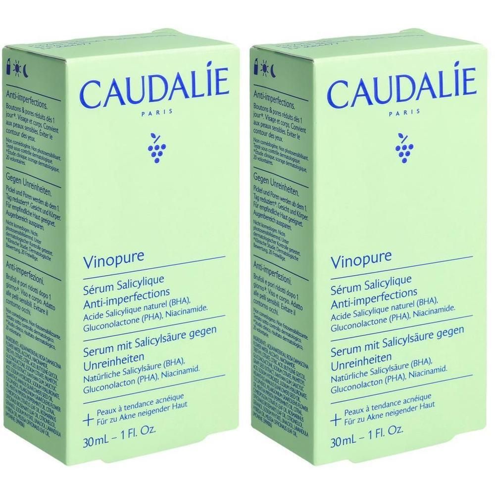 Deux boîtes vertes avec informations produit. Inscription: CAUDALIE, Vinopure, Sérum Salicylique Anti-imperfections. 30ml.