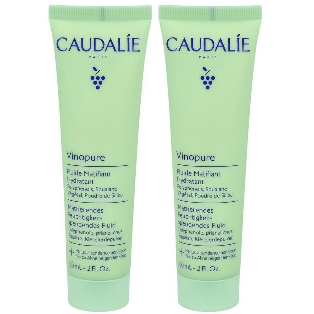 Zwei grüne Tuben mit CAUDALIE-Logo und Produktbezeichnung Vinopure. Text in Deutsch und Französisch. 60 ml.