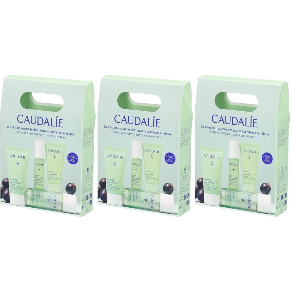 Drei grüne Geschenkboxen mit CAUDALIE-Produkten. Jede Box enthält mehrere Produkte, darunter Cremes und Flaschen. Aufschrift CAUDALIE.