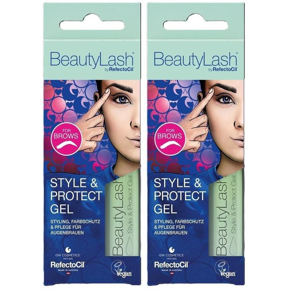 Deux paquets de gel BeautyLash Style & Protect pour sourcils. Image d'une femme touchant ses sourcils.