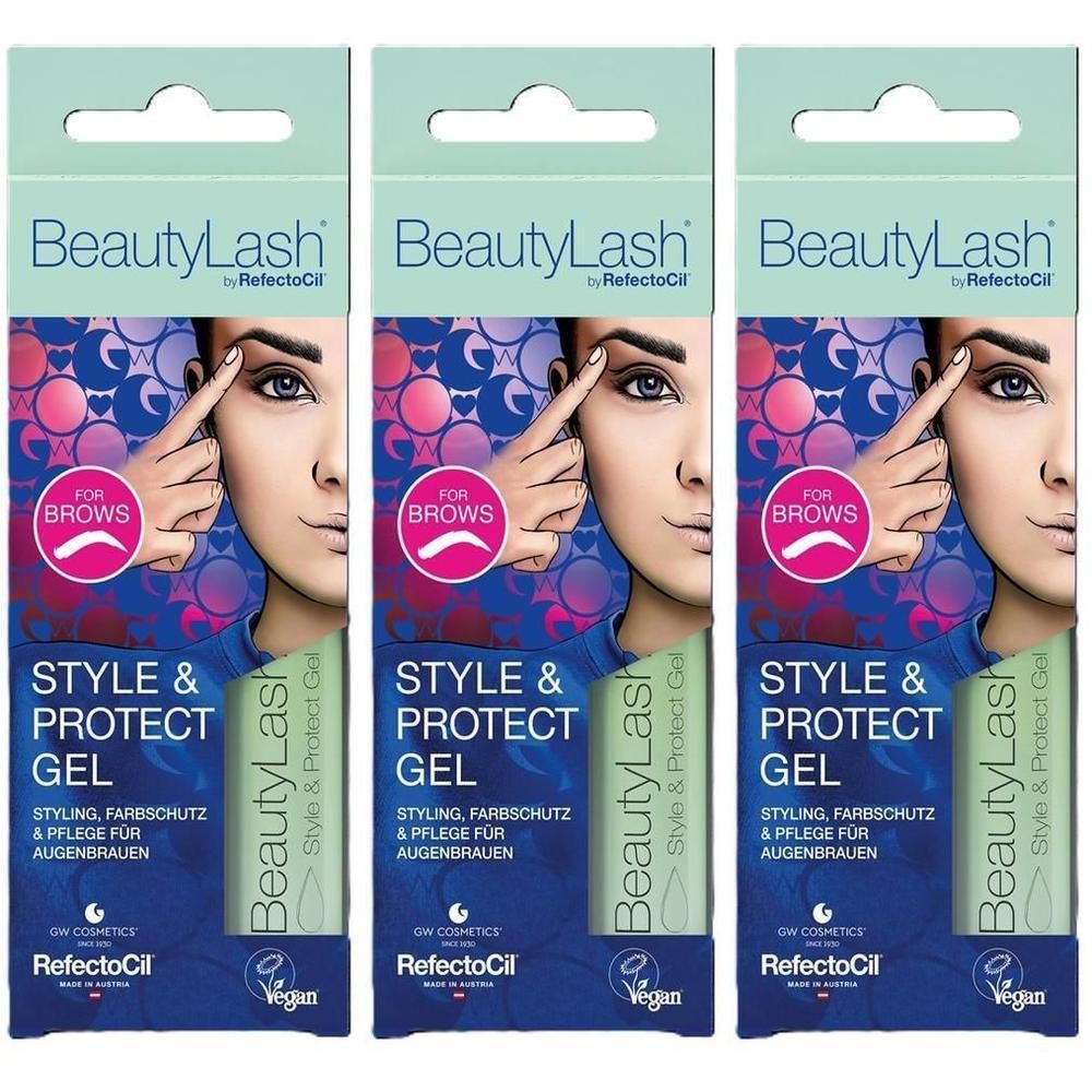 Trois paquets de gel BeautyLash Style & Protect pour sourcils. Montre une femme stylisant ses sourcils.