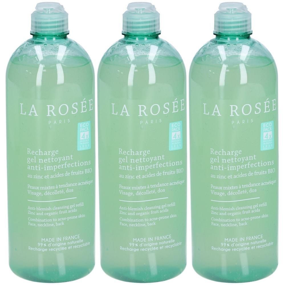 Drei grüne Flaschen LA ROSÉE Reinigungsgel. Aufschrift: Recharge gel nettoyant anti-imperfections. Mit Zink und Bio-Fruchtsäuren. Made in France.