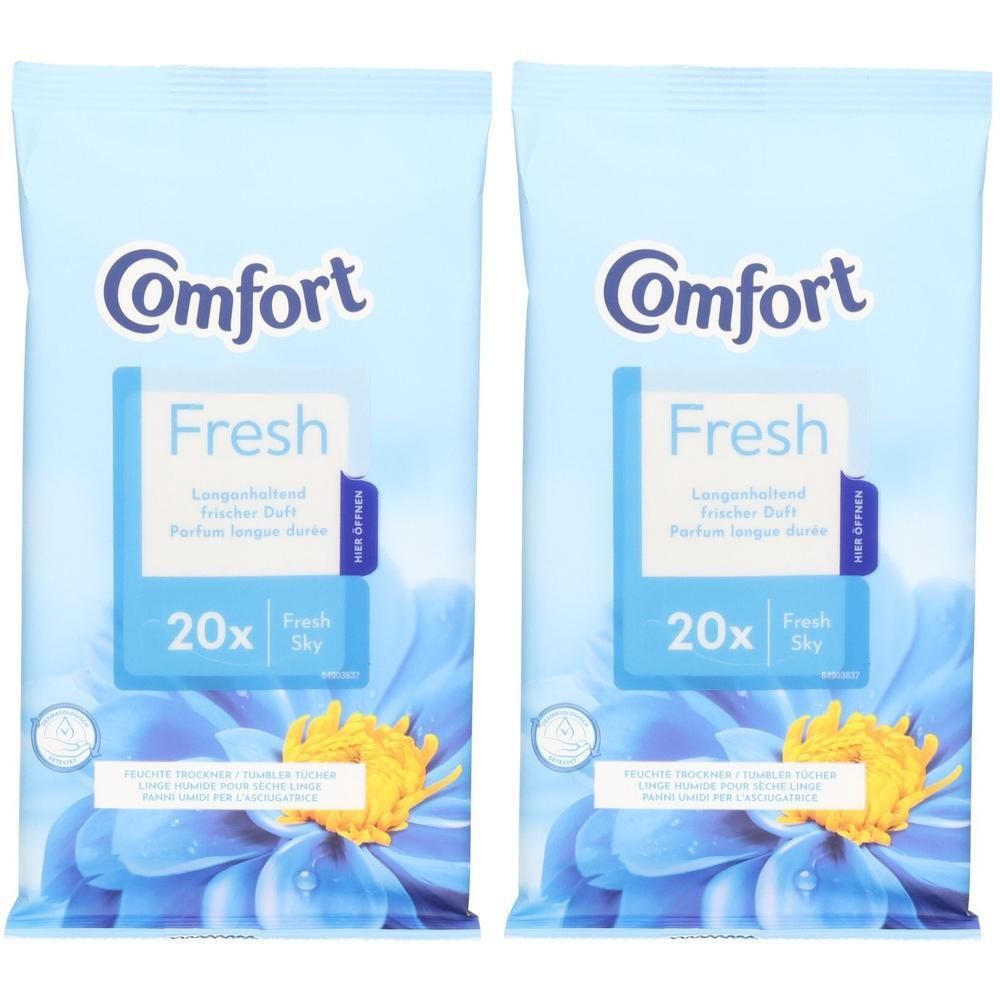 Zwei Packungen Trocknertücher. Aufschrift Comfort Fresh, 20x, Fresh Sky. Hellblauer Hintergrund mit Blumen.