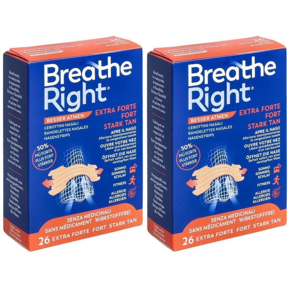 Zwei Packungen BREATHE RIGHT Nasenpflaster. Blaue Schachteln mit Produktnamen und Schriftzügen. Enthält 26 Pflaster, extra stark.