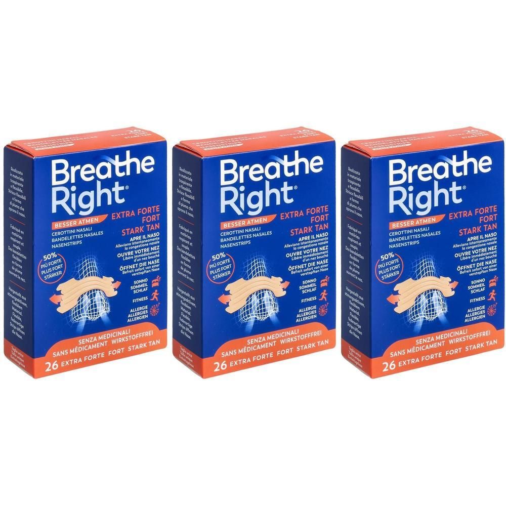 Drei Packungen mit Nasenpflastern. Blaue Schachteln mit orangefarbenen Akzenten. Aufschrift: Breathe Right, Extra Forte, 26 Stück.