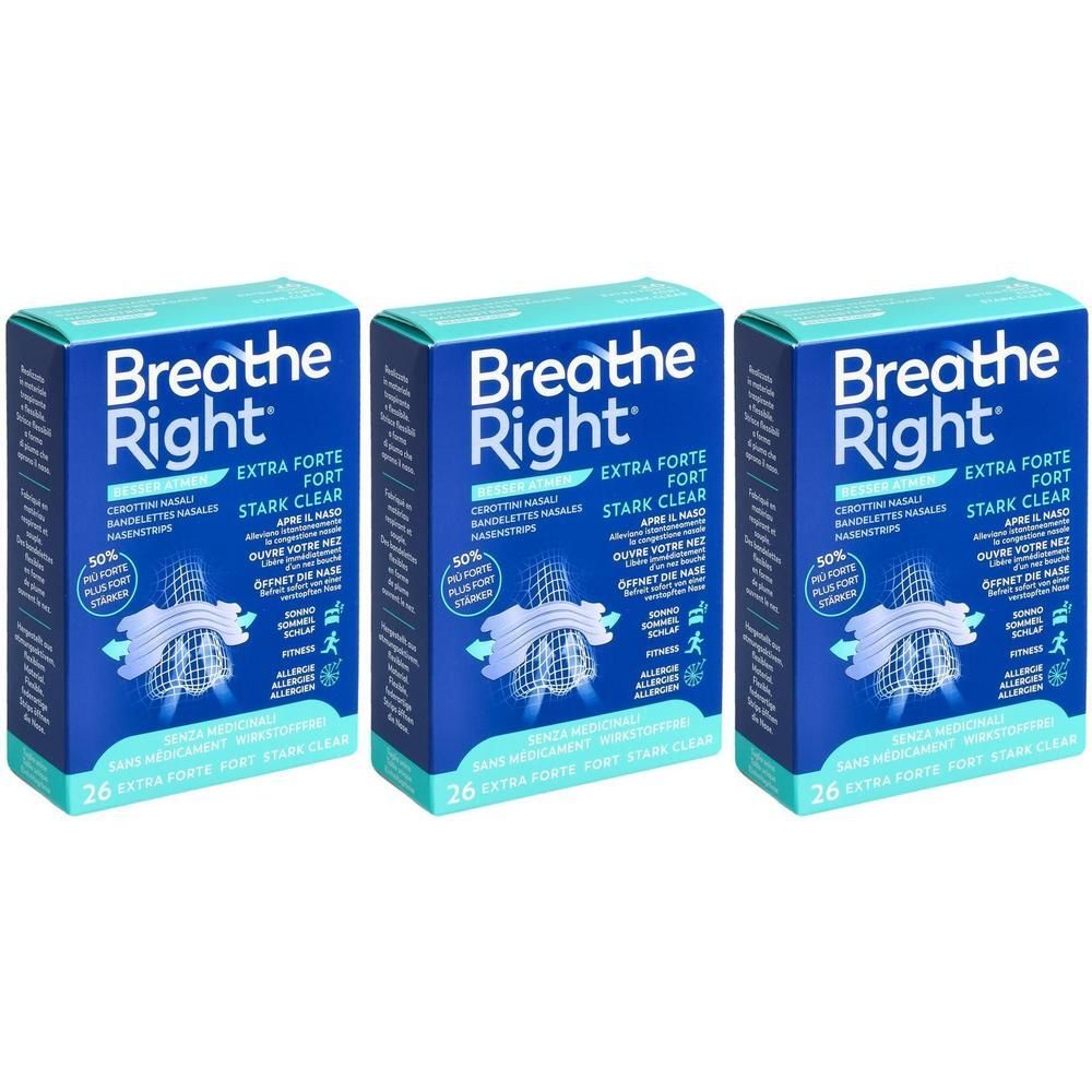 Drei blaue Kartons mit weißer Schrift. Auf jedem steht "Breathe Right EXTRA FORTE". Unten steht "26".