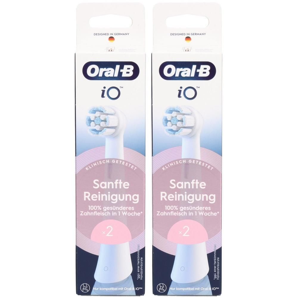 Deux paquets de têtes de brosse à dents. Inscription : Oral-B iO, Nettoyage doux. Accent rose. Testé cliniquement.