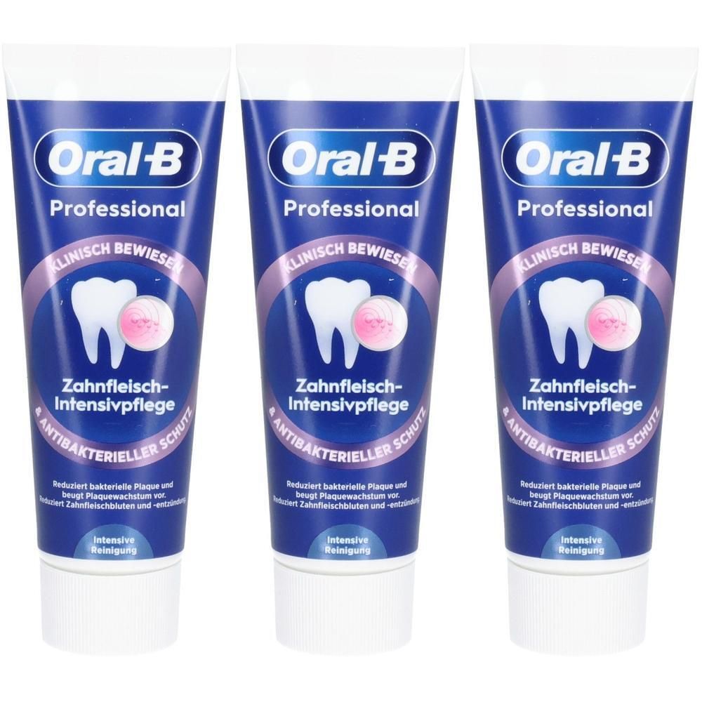 Trois tubes de dentifrice bleus avec bouchons blancs. Inscription: Oral-B Professional, Soin intensif des gencives, protection antibactérienne.