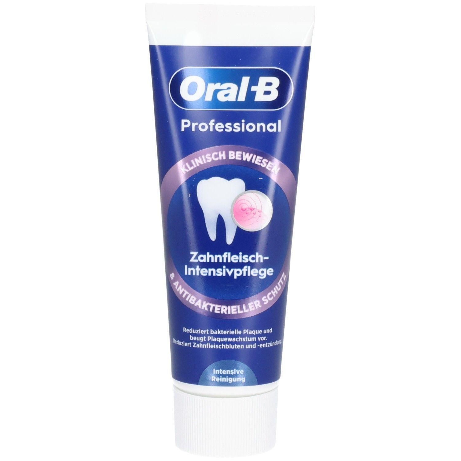Tube de dentifrice bleu et blanc. Inscription Oral-B Professional, Soin intensif des gencives. Cliniquement prouvé. Protection antibactérienne.