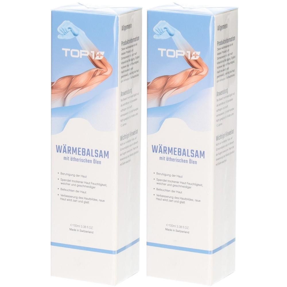Zwei rechteckige Verpackungen. Aufschrift TOP 1 und Wärmebalsam mit ätherischen Ölen. Abbildung eines Arms.