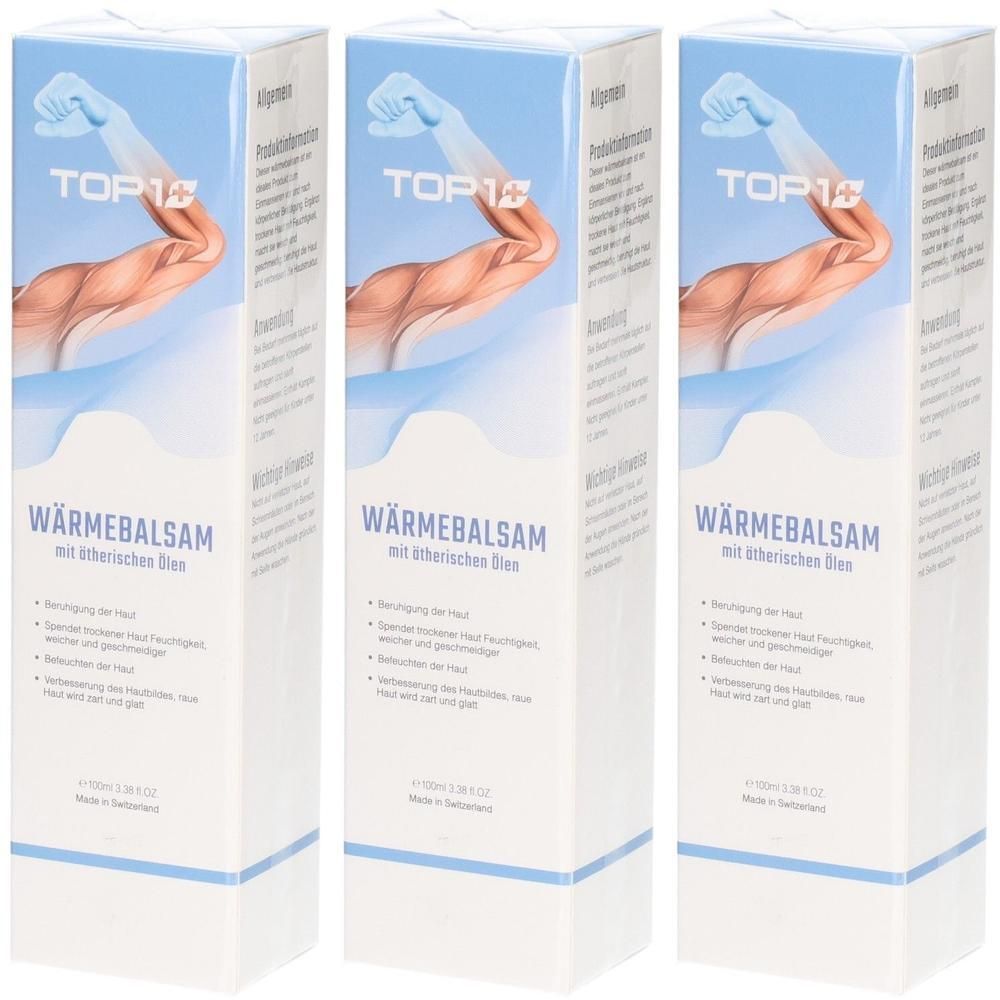 Drei rechteckige Kartons. Aufschrift: TOP 1, Wärmebalsam mit ätherischen Ölen. Abbildung eines Arms. Blaue und weiße Farbgebung.