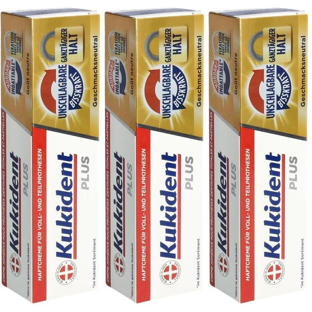 Drei Packungen Haftcreme. Aufdruck: Kukident Plus, Haftcreme für Voll- und Teilprothesen. Gelbe und weiße Verpackung.