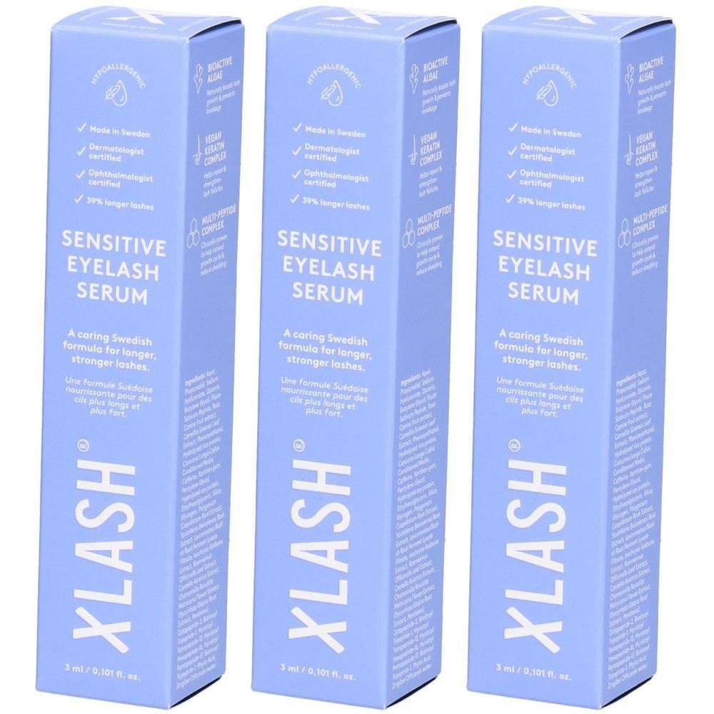 Drei Packungen Xlash Sensitive Eyelash Serum in Hellblau.