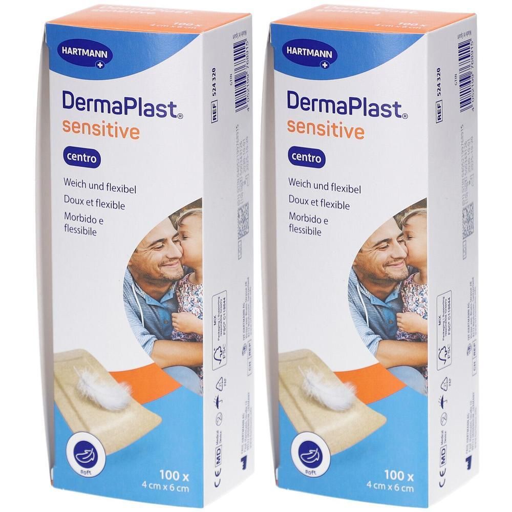 Zwei Kartons DERMAPLAST sensitive centro. Aufdruck: 100 Stück, 4 cm x 6 cm. Marke HARTMANN. Abbildung: Vater und Kind.