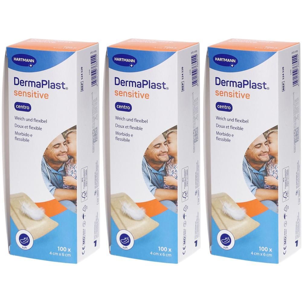 Drei Kartons DERMAPLAST sensitive. Aufdruck: Marke, Produktname, centro, weich und flexibel, 100 Stück, 4x6cm. Abbildung: Mann mit Kind.