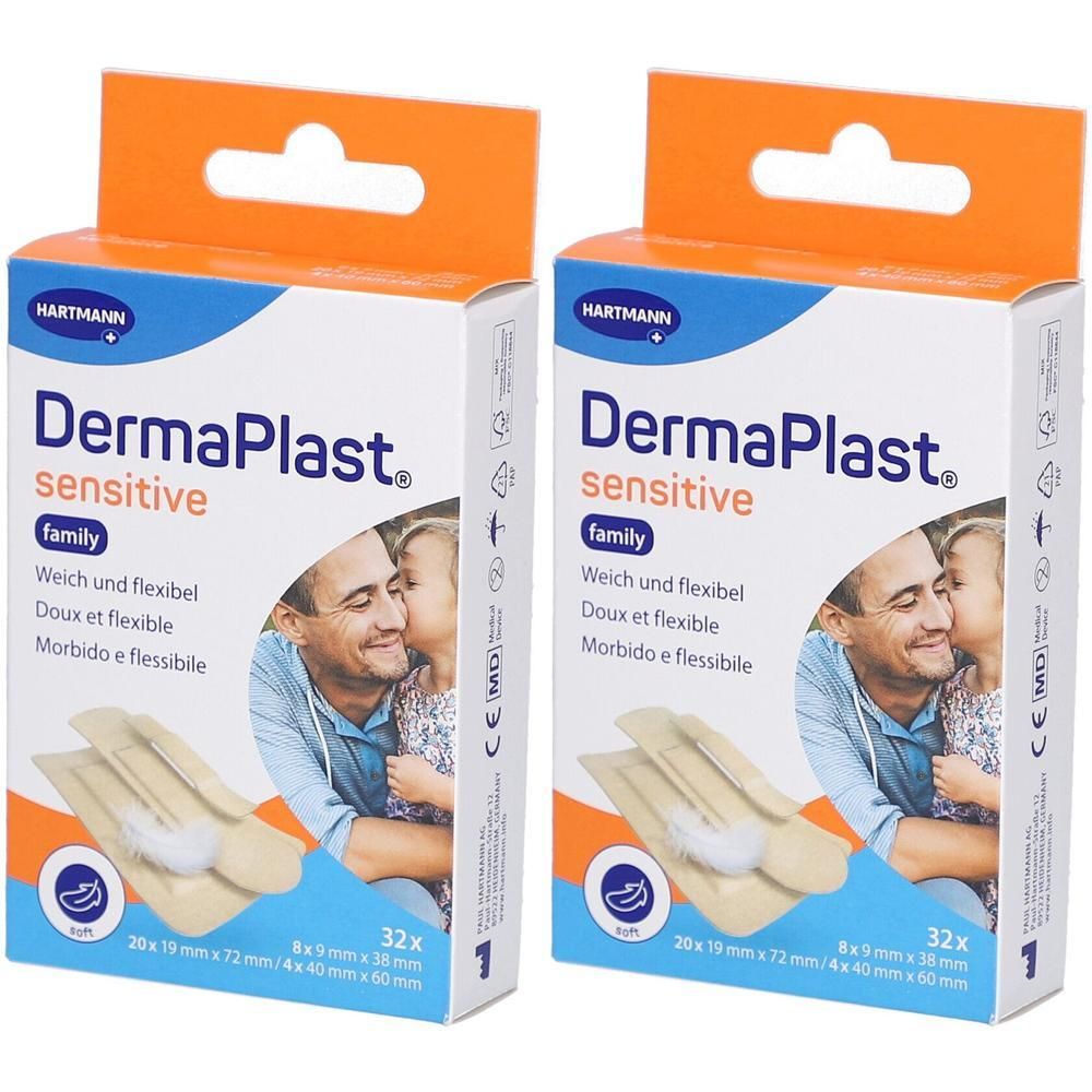 Zwei Kartons DERMAPLAST sensitive family Pflaster. Aufdruck: 32 Stück, Größenangaben. Logo HARTMANN. Abbildung: Vater und Kind.
