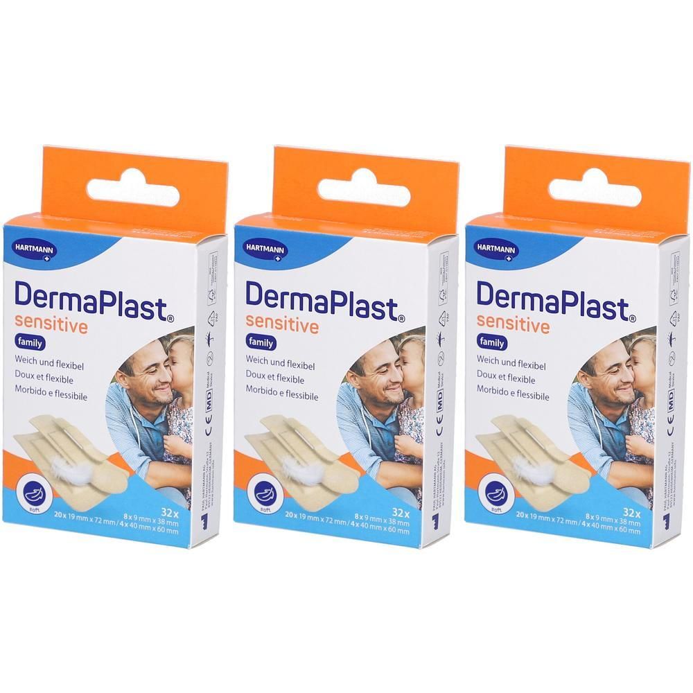 Drei Packungen DERMAPLAST sensitive Family Strips. Jede Packung zeigt ein Familienfoto und enthält 32 Pflaster. Verpackung mit Aufhänger.