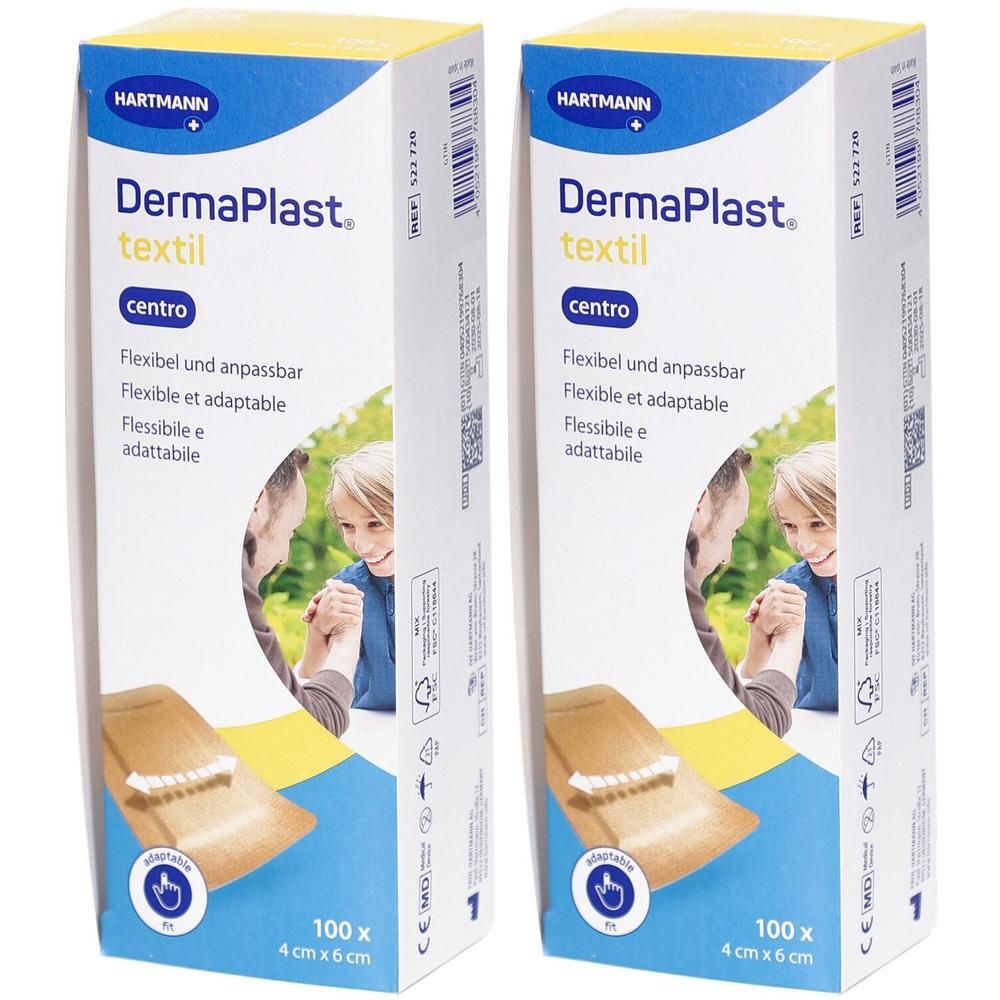 Zwei Packungen DermaPlast Textil. Aufdruck: 100 Stück, 4 cm x 6 cm. Flexible Pflaster. Marke HARTMANN. Verpackung mit Kindermotiv.