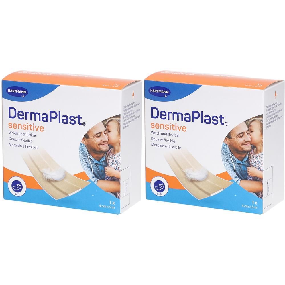 Zwei Kartons DERMAPLAST sensitive. Aufdruck: Weich und flexibel, 4cmx5m. Abbildung: Mann und Kind. Marke HARTMANN.