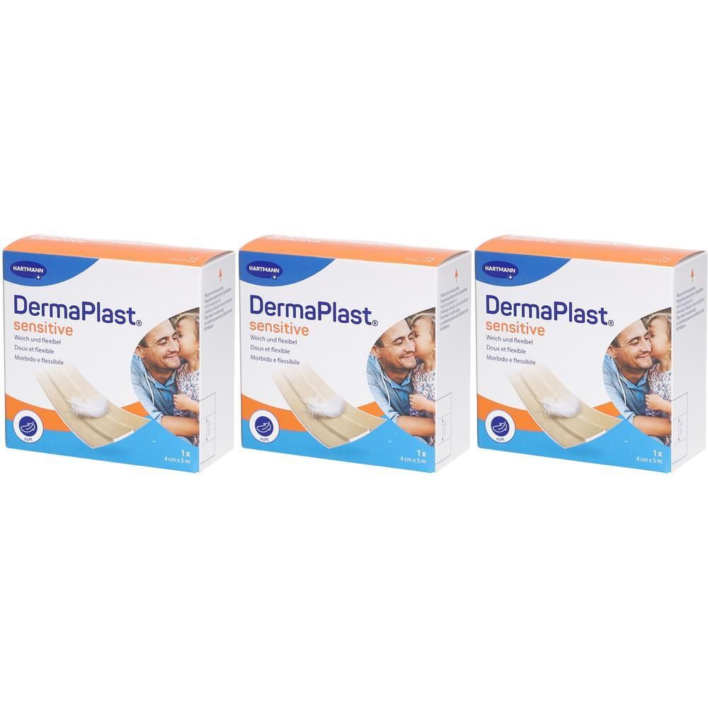 Drei Kartons DERMAPLAST sensitive. Orange-weiße Verpackung mit Produktabbildung und Logo. Aufschrift: sensitive, dehnbar und flexibel.