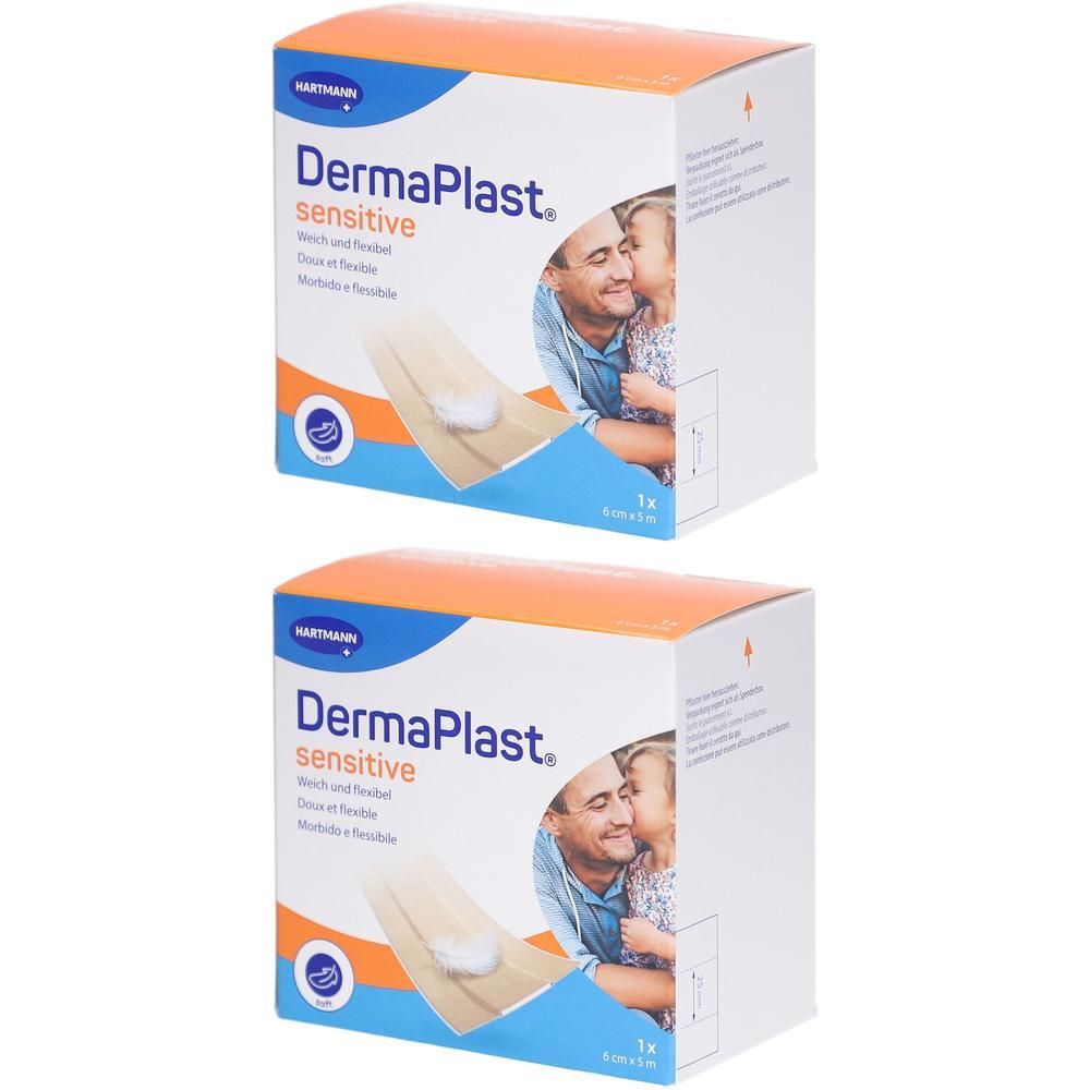 Zwei Kartons mit DermaPlast sensitive. Orange-weiße Verpackung mit Produktabbildung und Text. Hartmann-Logo.