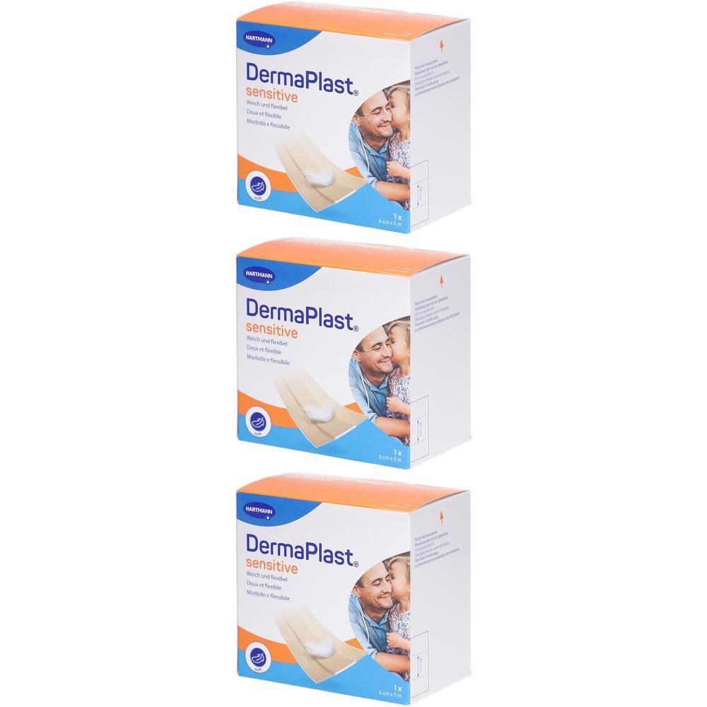 Drei Kartons mit orangefarbenen Deckeln. Auf jedem Karton steht "DermaPlast sensitive". Abgebildet ist ein Mann mit einem Kind.