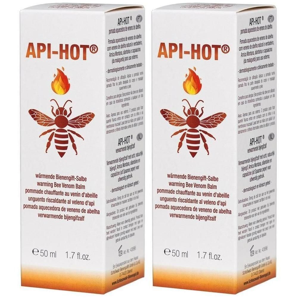 Zwei weiße Kartons mit Produktinformationen. Aufdruck: API-HOT, Flammen-Symbol, Biene, Text in mehreren Sprachen. Unten: 50 ml, 1.7 fl.oz.