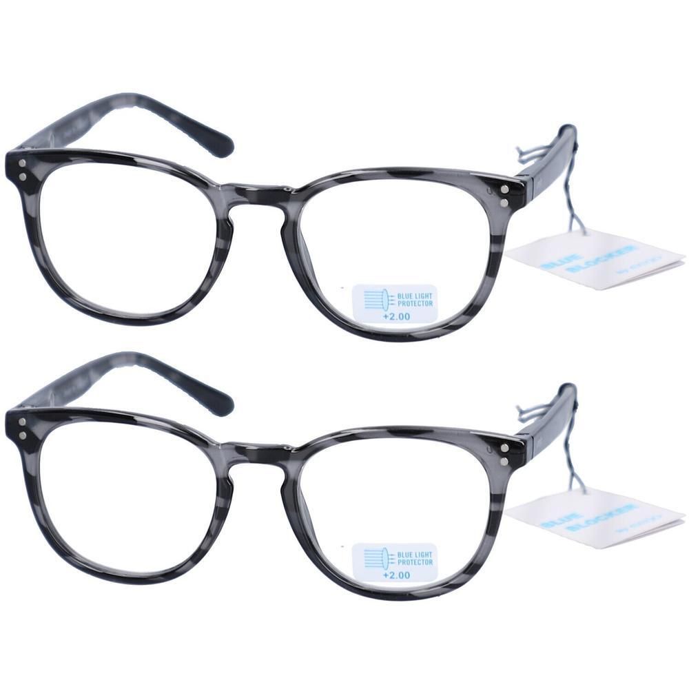 Deux paires de lunettes de lecture à monture grise avec protection contre la lumière bleue, 2,00 dpt.