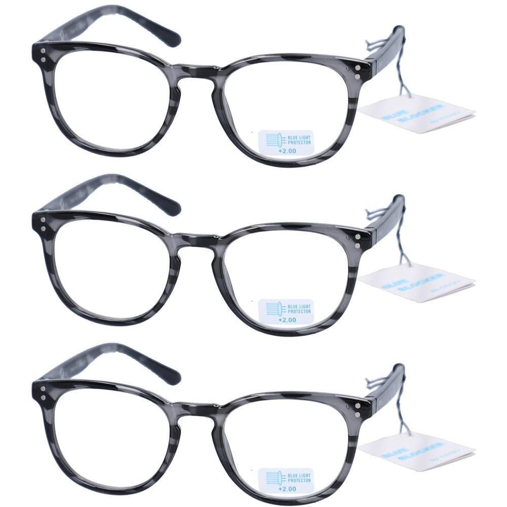 Trois paires de lunettes de lecture à monture marbrée grise, protection lumière bleue, 2,00 dpt.