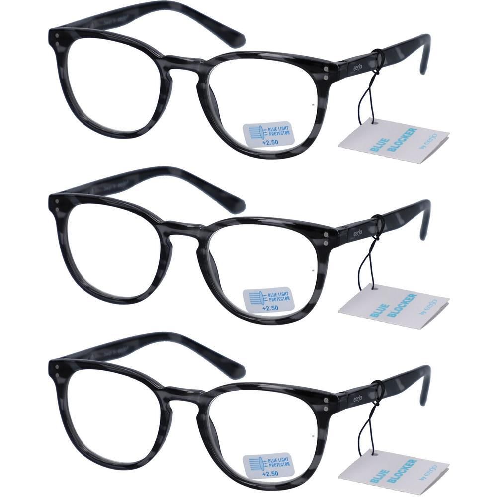 Trois paires de lunettes de lecture avec filtre anti-lumière bleue, monture grise et 2,50 dpt.