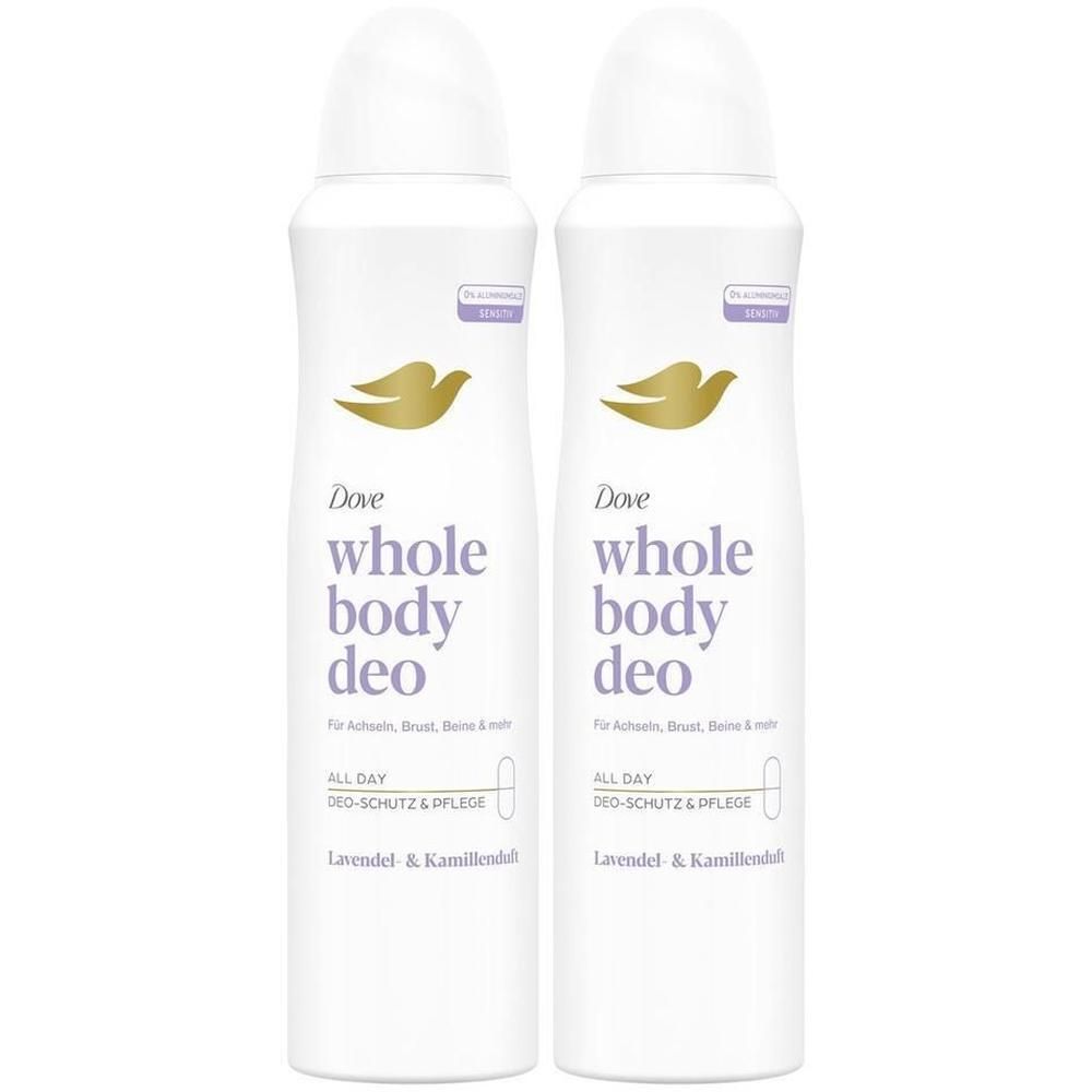 Zwei Dove Ganzkörper-Deo-Sprays mit Lavendel & Kamille Duft. Weiße Aerosoldosen mit goldenem Dove-Logo.