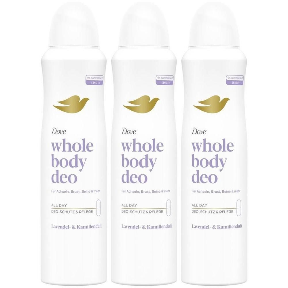 Drei Dove Ganzkörper-Deo-Sprays mit Lavendel & Kamille Duft. Weiße Flaschen mit goldenem Taubenlogo.