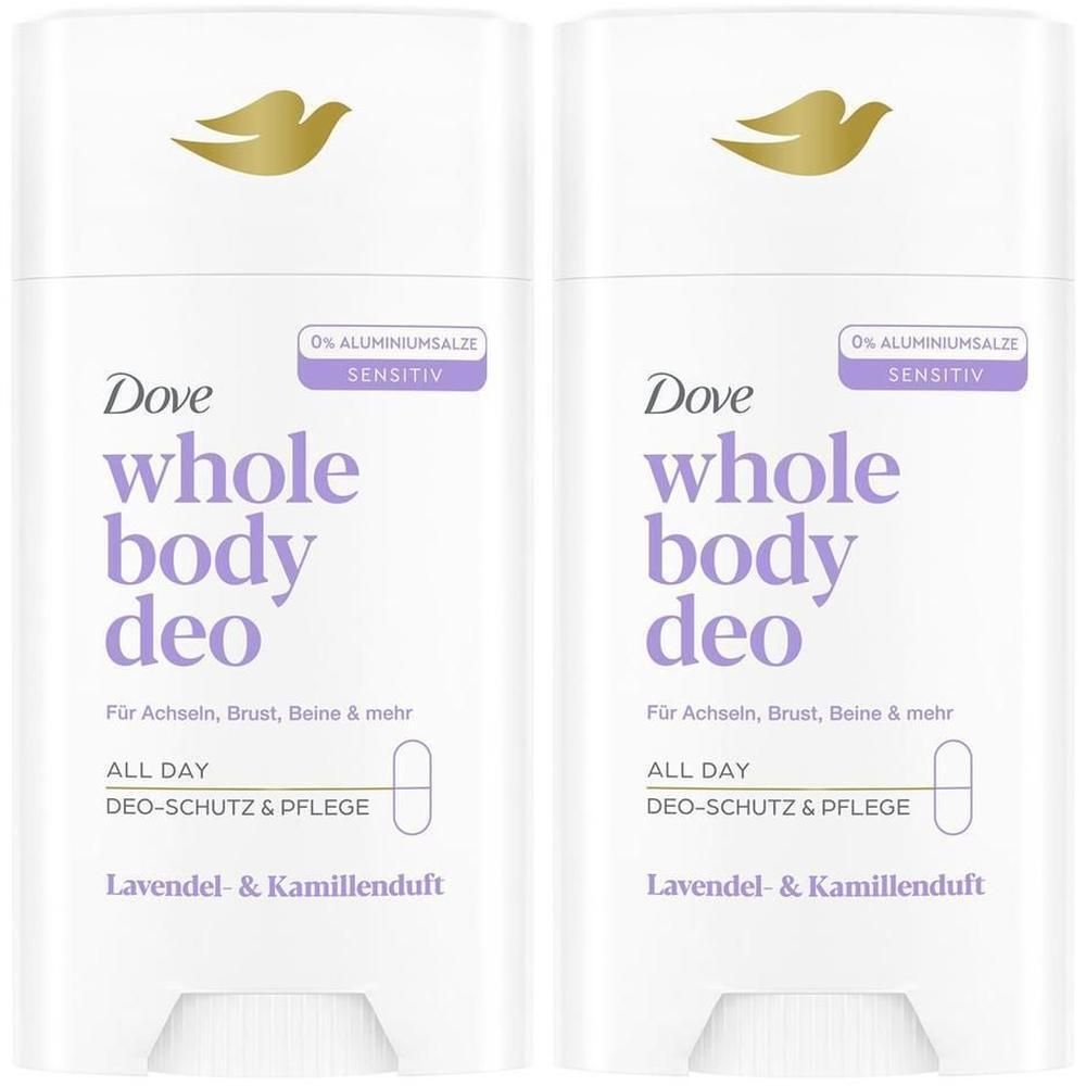 Deux déodorants Dove pour tout le corps, parfum lavande & camomille. 0% sels d'aluminium.