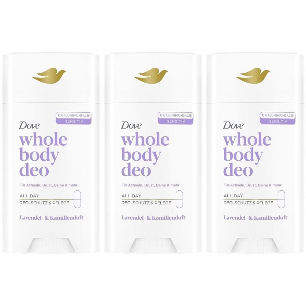 Trois déodorants Dove pour tout le corps, parfum lavande & camomille. Sans aluminium.