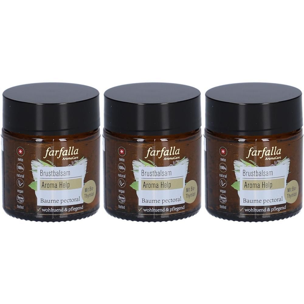 Trois pots de Baume pectoral Farfalla Aroma Help avec couvercles noirs. Étiquettes avec nom du produit et indications.