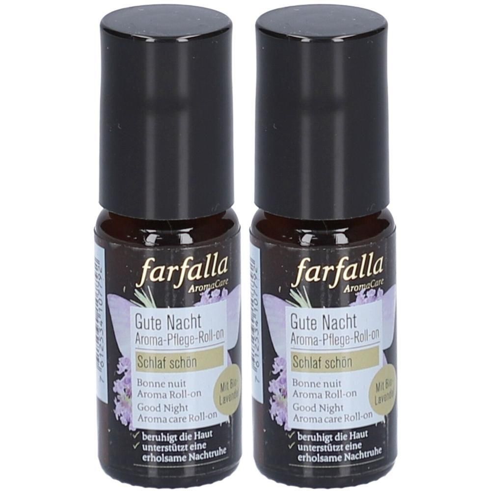 Zwei Farfalla Aroma-Pflege-Roll-ons mit Lavendel für die Nacht. Dunkle Glasflaschen mit schwarzen Kappen.