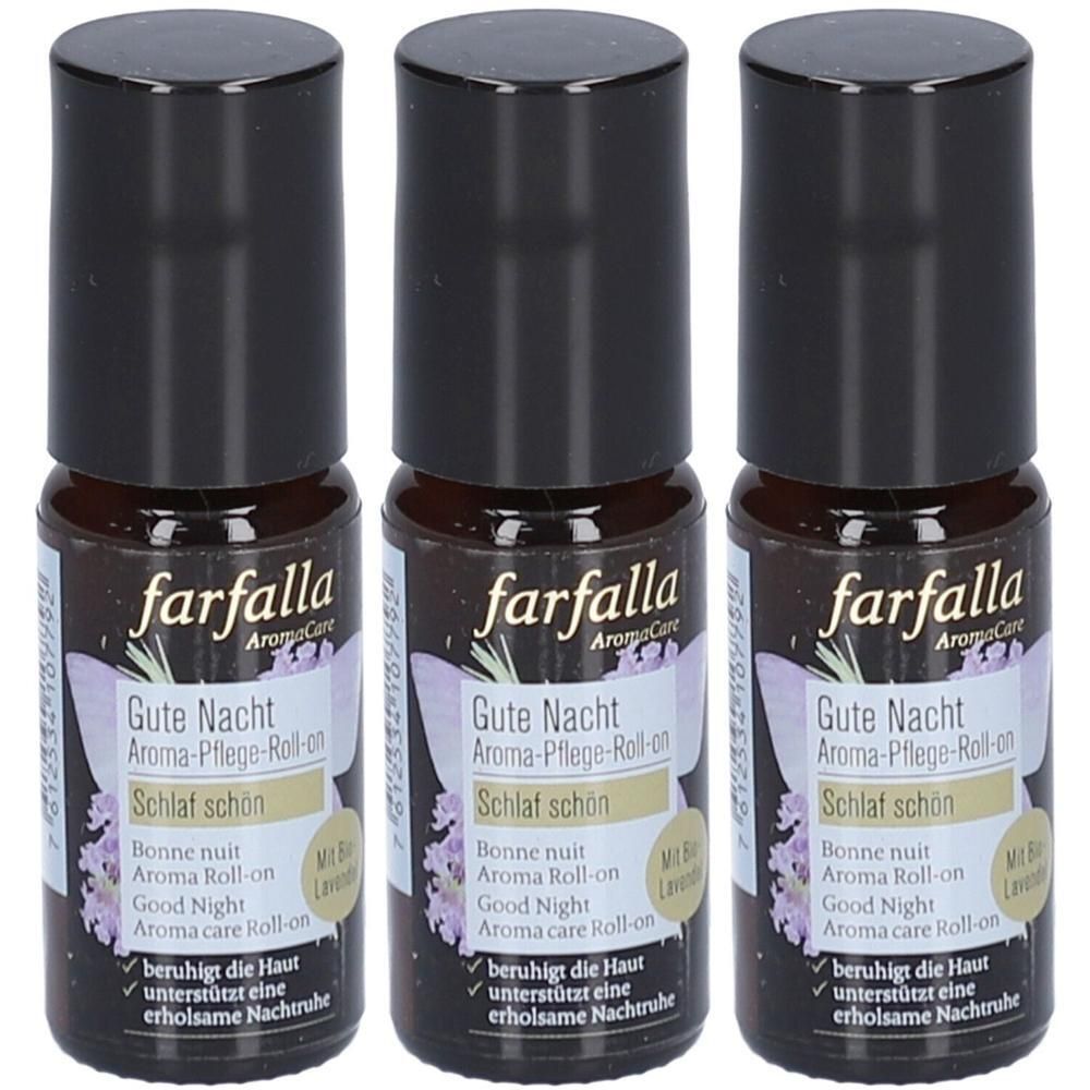 Drei Farfalla Aroma-Pflege-Roll-ons mit Lavendelduft für die Nacht.