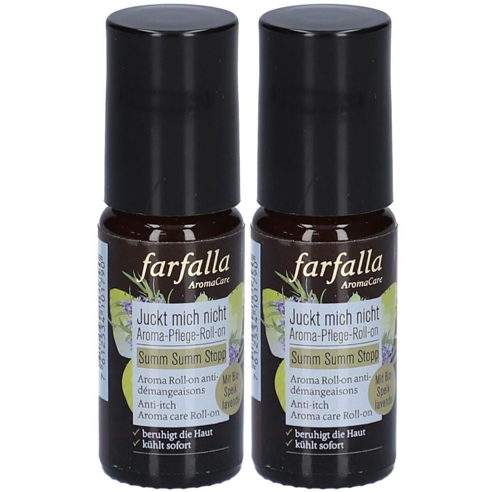 Zwei Farfalla Aroma-Pflege-Roll-ons mit schwarzem Deckel. "Juckt mich nicht" Aufschrift.