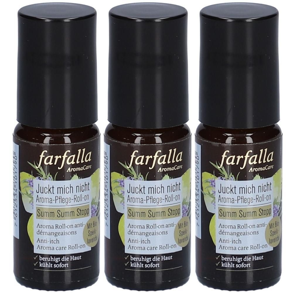 Drei farfalla Aroma-Pflege-Roll-ons mit schwarzem Deckel. Braune Fläschchen mit Etikett.