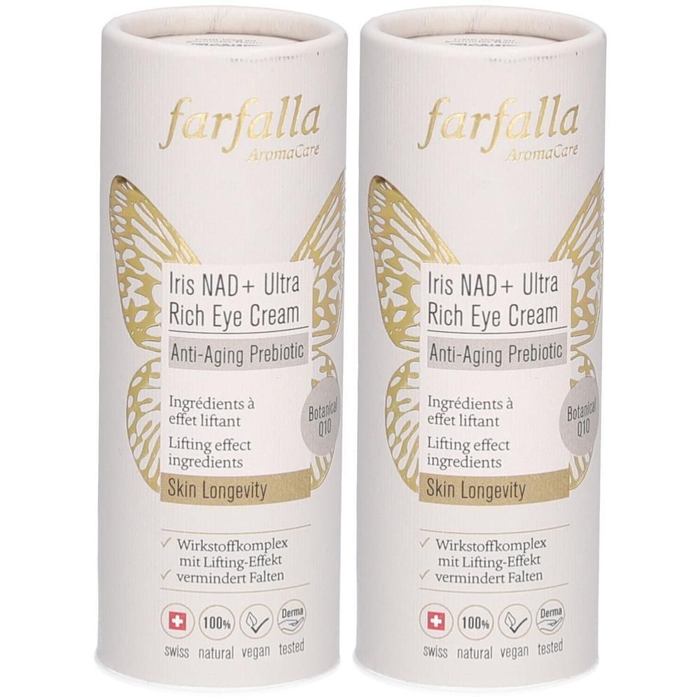 Zwei Farfalla Iris NAD+ Ultra Rich Eye Cream Tiegel mit Schmetterlingsdesign. Anti-Aging Prebiotic.