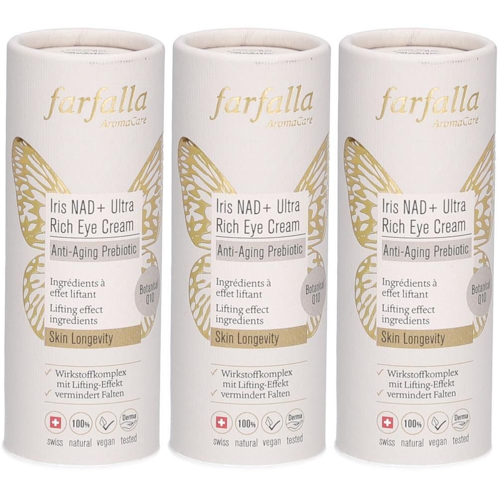 Drei Tuben Farfalla Iris NAD+ Ultra Rich Eye Cream mit Schmetterlingsmotiv. Anti-Aging Prebiotic.