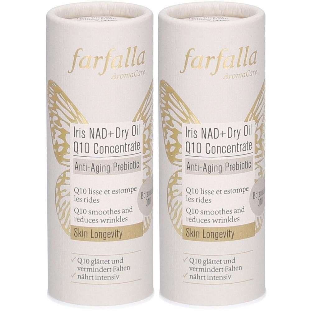 Zwei Farfalla Iris NAD+ Dry Oil Q10 Konzentrat Anti-Aging Prebiotic Flaschen.